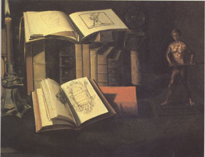 Still Life with Books Candle and Bronze Statue (mk05)